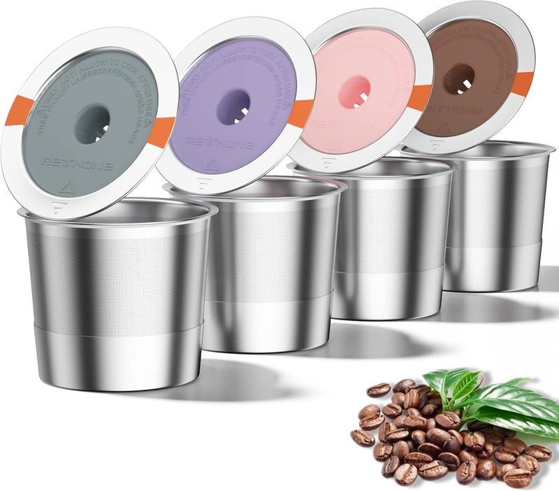 RETHONE K Cup Reusable Coffee Pods, Stainless Steel Reusable K Cups Coffee Filter Compatible with Keurig 1.0 & 2.0 Coffee Makers BPA-Free Refillable Coffee Filters (4 Pack) - Image 1